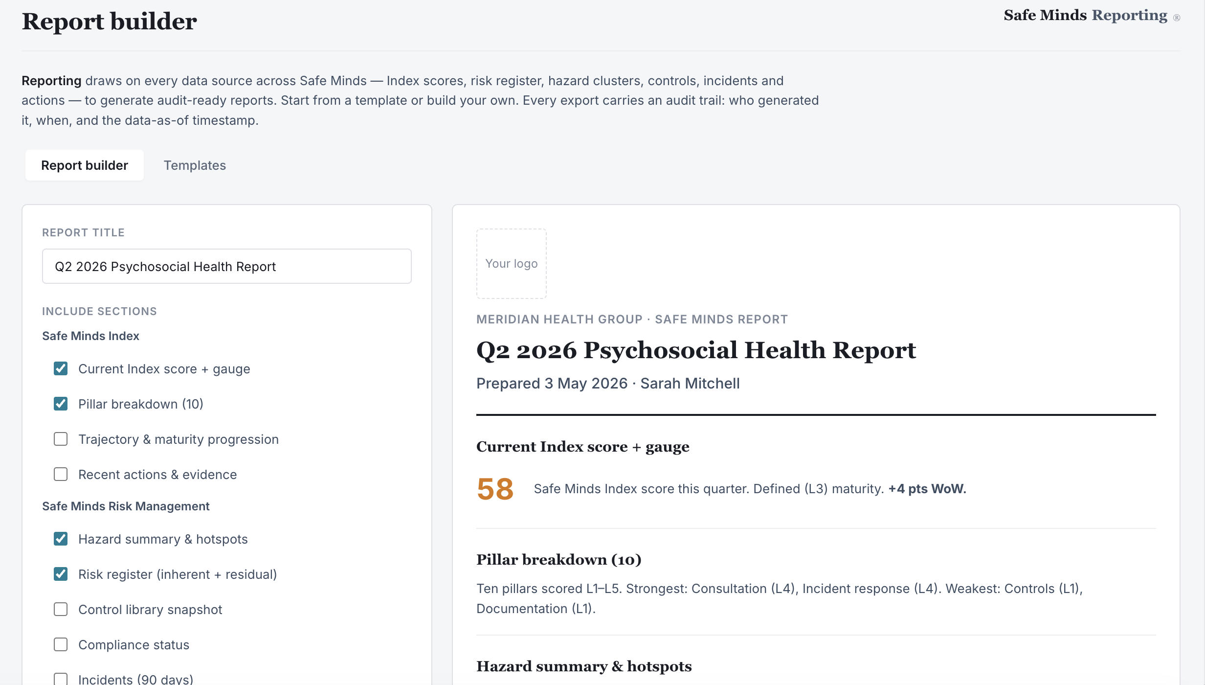 Report builder for board, regulator, and executive packs
